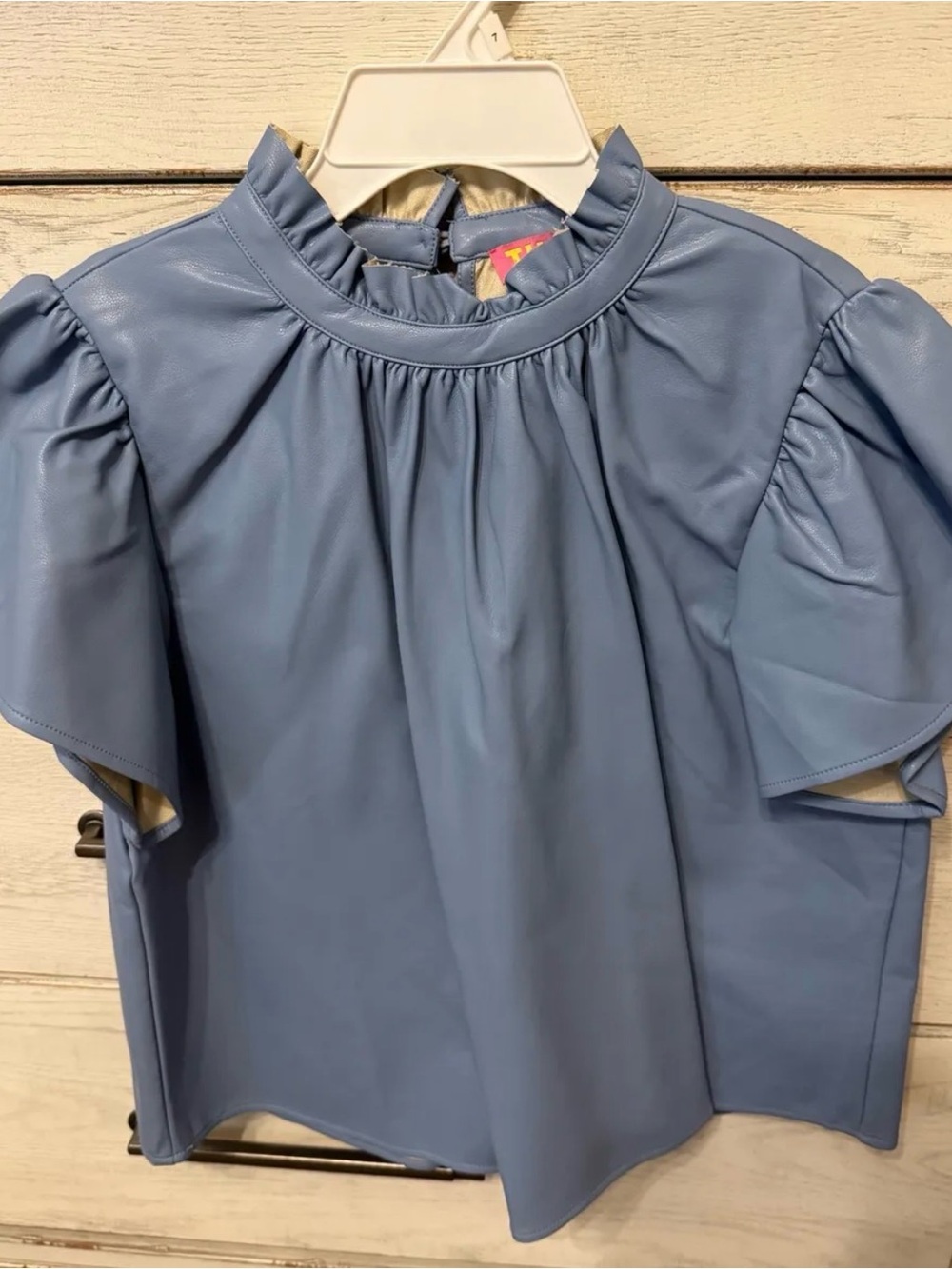 THML Blue Faux-Leather Puff Sleeve Top